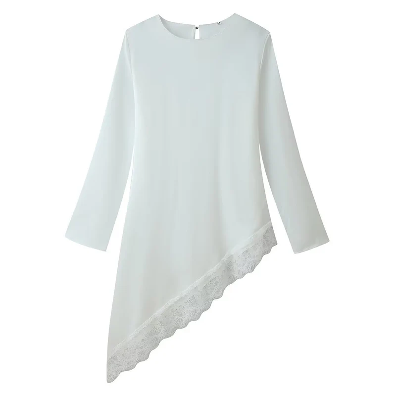 Damen Asymmetrische Chiffonbluse mit Spitzenbesatz und langen Ärmeln Nord Taschen