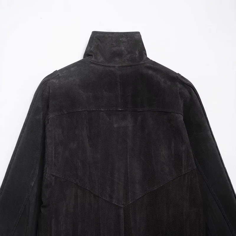 Herren Wildlederjacke mit hohem Stehkragen, asymmetrischer Knopfleiste und elastischem Saum Nord Taschen