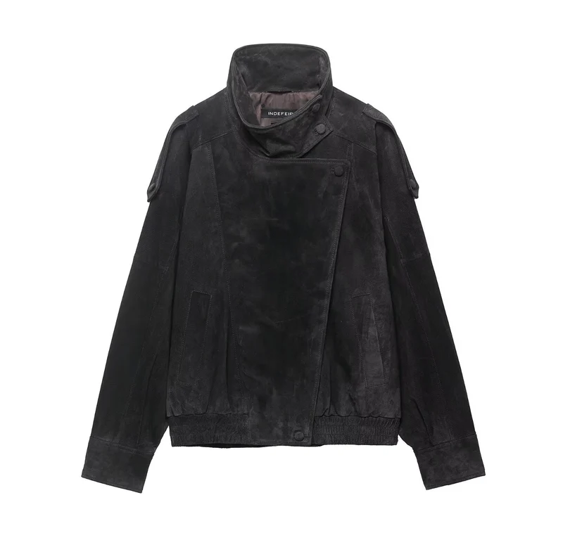 Herren Wildlederjacke mit hohem Stehkragen, asymmetrischer Knopfleiste und elastischem Saum Nord Taschen