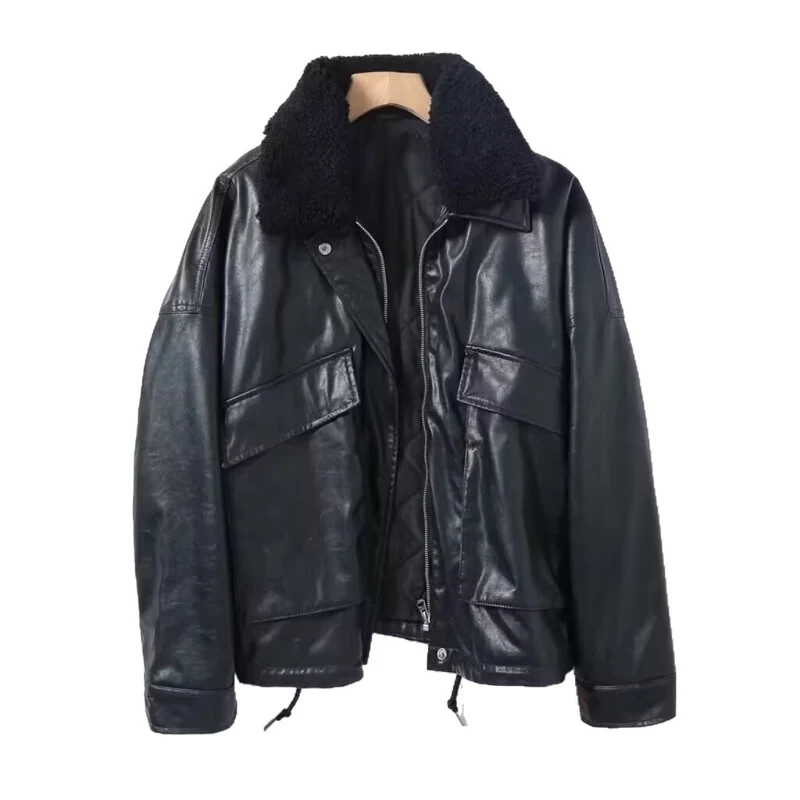 Herren Lederjacke im Bomberstil mit Teddykragen Nord Taschen