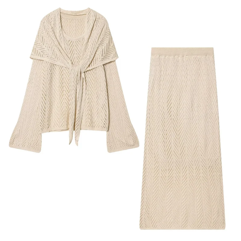 Damen Zweiteiliges Strick-Set mit Wickelcardigan und Midirock Nord Taschen