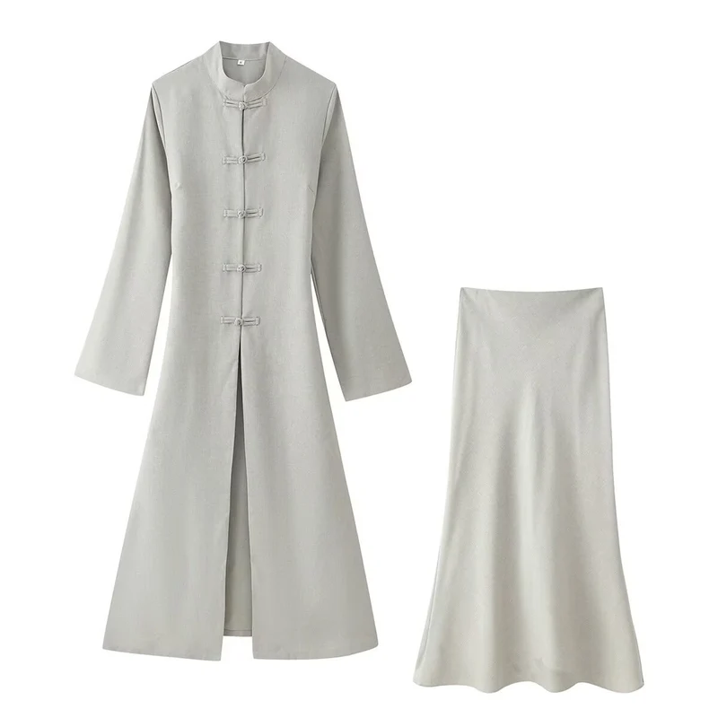 Damen Zweiteiliges Set: Langer Mantel mit Mandarin‑Kragen und A‑Linien Maxirock Nord Taschen