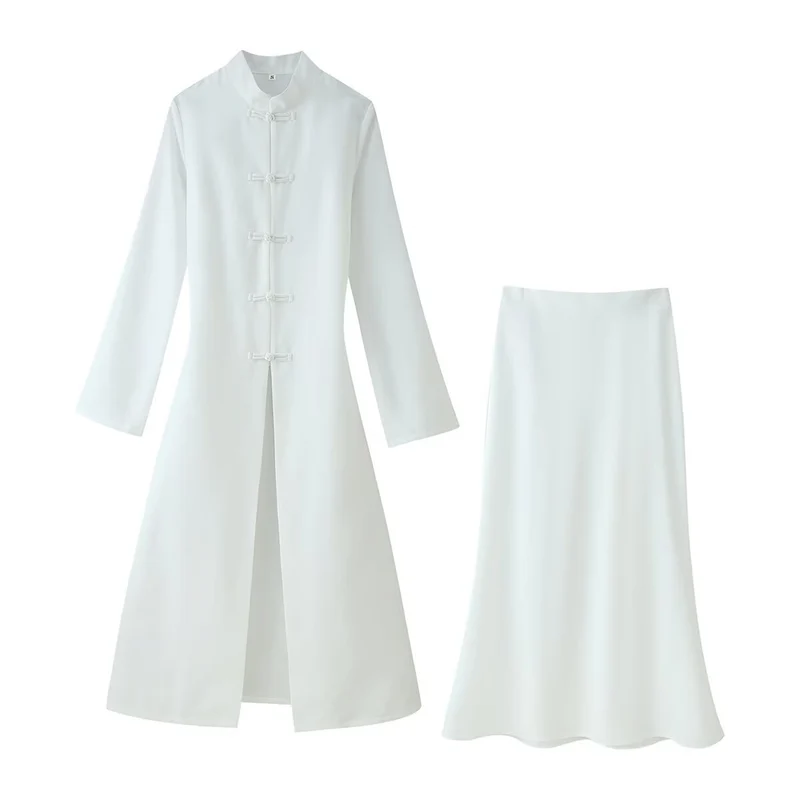 Damen Zweiteiliges Set: Langer Mantel mit Mandarin‑Kragen und A‑Linien Maxirock Nord Taschen