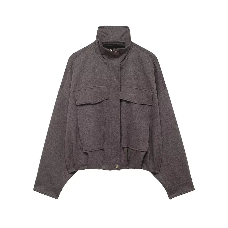 Damen Zweiteiliges Set aus Cropped-Boxy-Jacke mit Stehkragen und hochtaillierter weiter Hose Nord Taschen