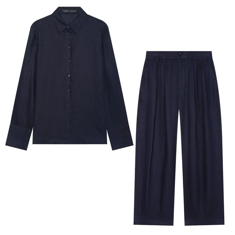 Damen Zweiteiliges Satin-Set mit weichem Oversized-Hemd und hochgeschnittener Palazzo-Hose Nord Taschen