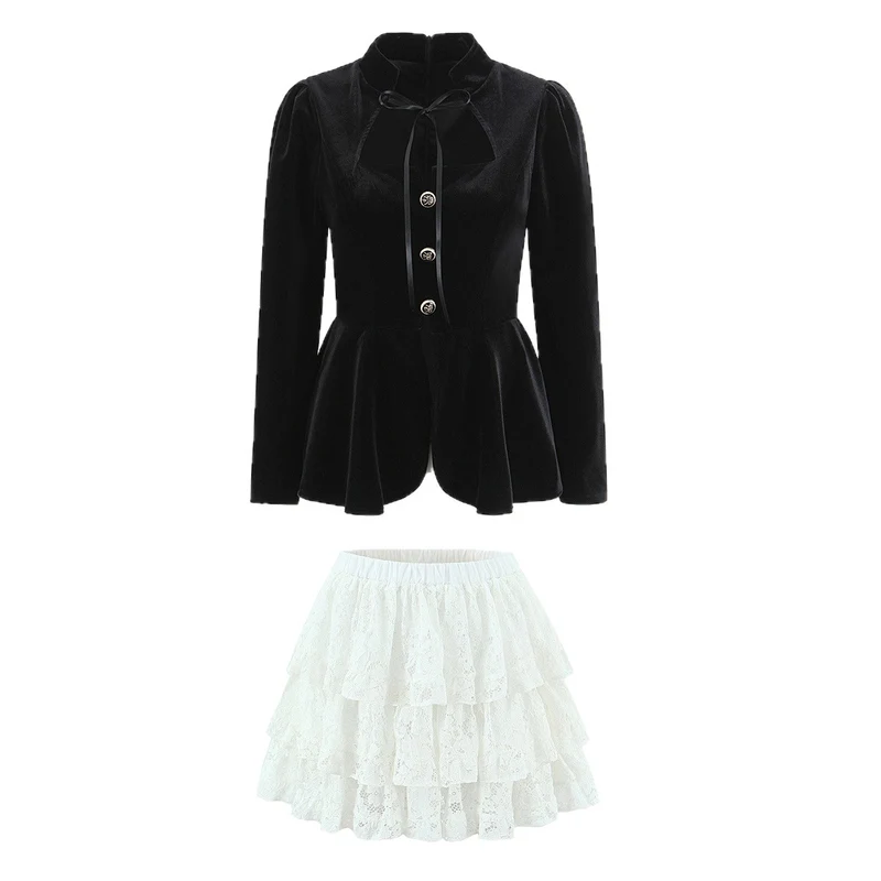 Damen Zweiteiliges Samt‑Schößchenblazer und Stufen‑Spitzenrock Set Nord Taschen