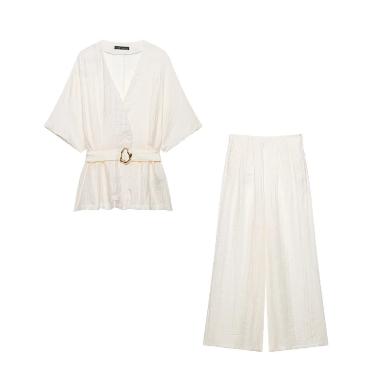Damen Zweiteiliges Leinenoptik-Set mit Kimono-Oberteil und weiter hochtaillierter Hose Nord Taschen