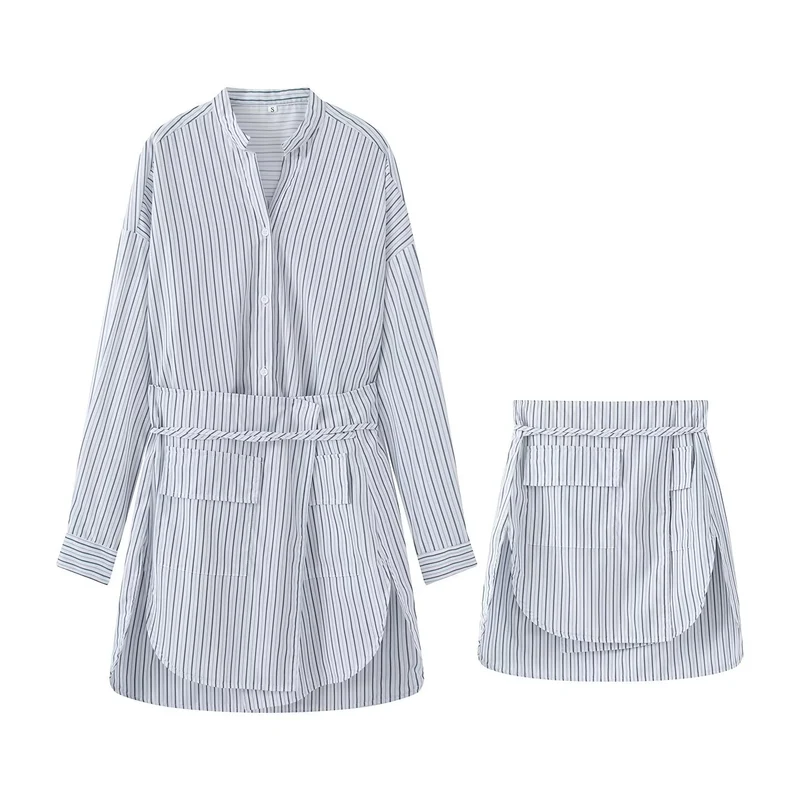 Damen Zweiteiliges gestreiftes Hemdblusen-Minikleid mit Wickel-Taillengürtel und separatem Minirock Nord Taschen