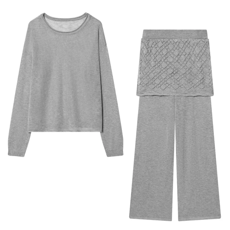 Damen Zweiteiliges Feinstrick-Set mit luftigem Rundhalsausschnitt, weiter Plissee-Optik-Hose und dekorativem Rocküberwurf Nord Taschen