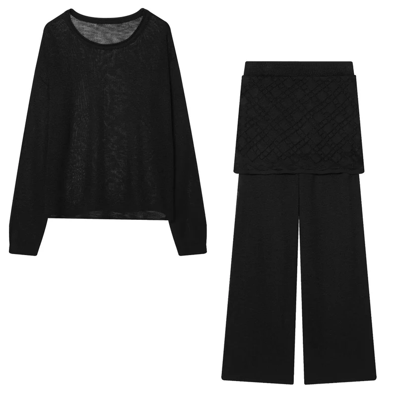 Damen Zweiteiliges Feinstrick-Set mit luftigem Rundhalsausschnitt, weiter Plissee-Optik-Hose und dekorativem Rocküberwurf Nord Taschen