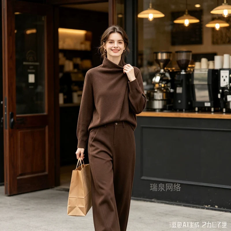 Damen Zweiteiliges Ensemble mit asymmetrischem Rollkragenoberteil und weiter Hochbundhose Nord Taschen