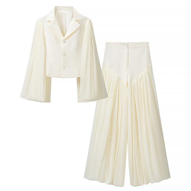 Damen Zweiteiliges Ensemble aus kurzem Blazer mit dramatischen Glockenärmeln und plissierter Palazzo-Hose Nord Taschen