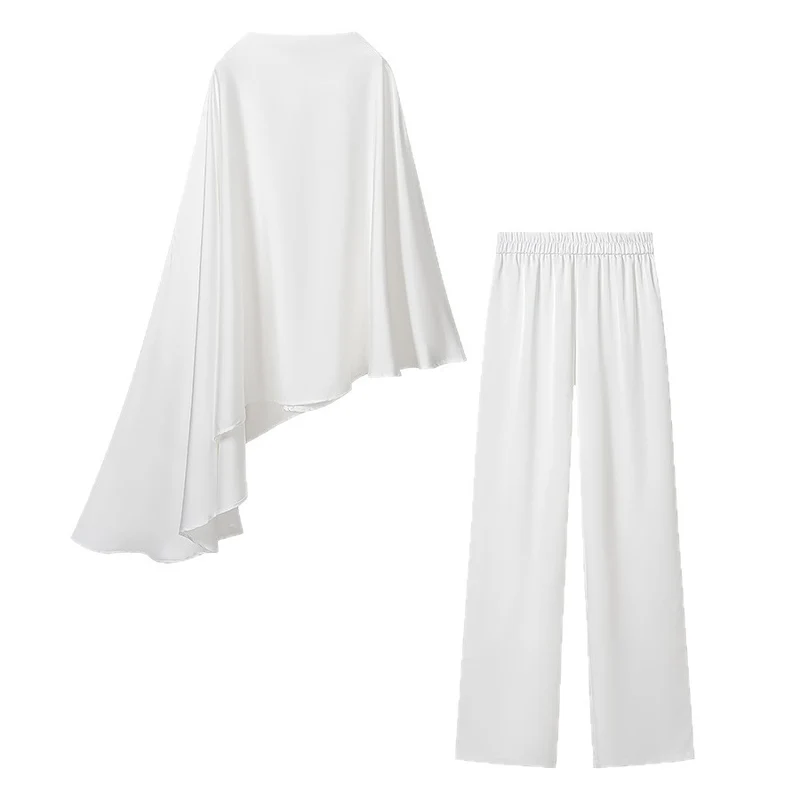 Damen Zweiteiliges Ensemble aus fließendem Cape mit asymmetrischem Saum und hochtaillierter Weitbein‑Hose Nord Taschen