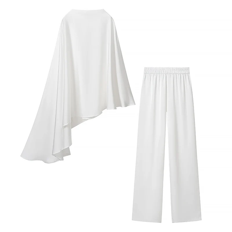 Damen Zweiteiliges Ensemble aus fließendem Cape mit asymmetrischem Saum und hochtaillierter Weitbein‑Hose Nord Taschen