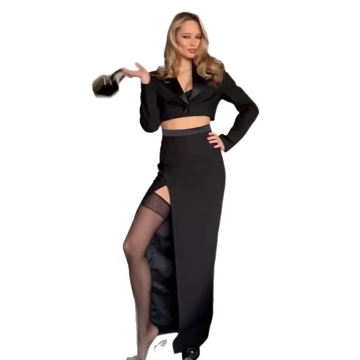 Damen Zweiteiliges Cropped-Blazer- und Maxirock-Set mit hoher Taille und hohem Beinschlitz Nord Taschen