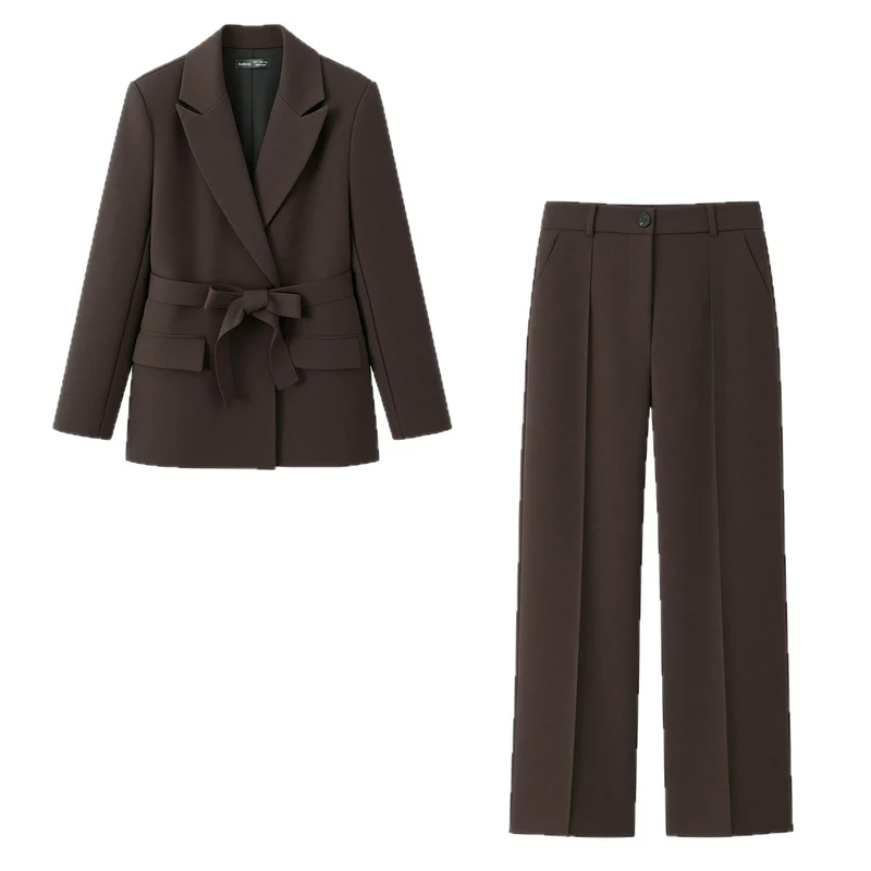 Damen Zweiteiliges Blazer-Set mit Wickelgürtel und weiter Bundfaltenhose Nord Taschen
