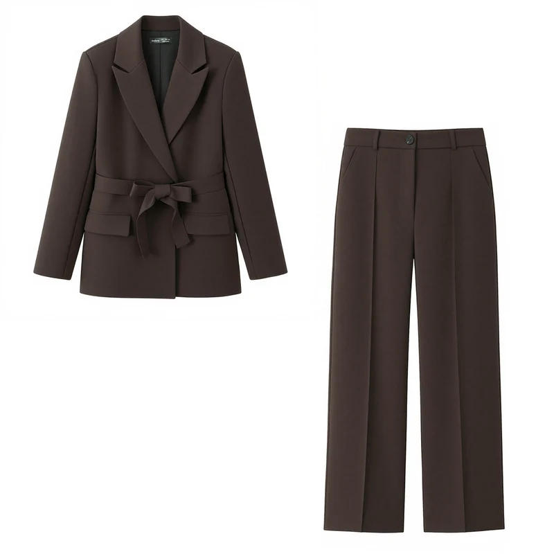 Damen Zweiteiliges Blazer-Set mit Wickelgürtel und weiter Bundfaltenhose Nord Taschen