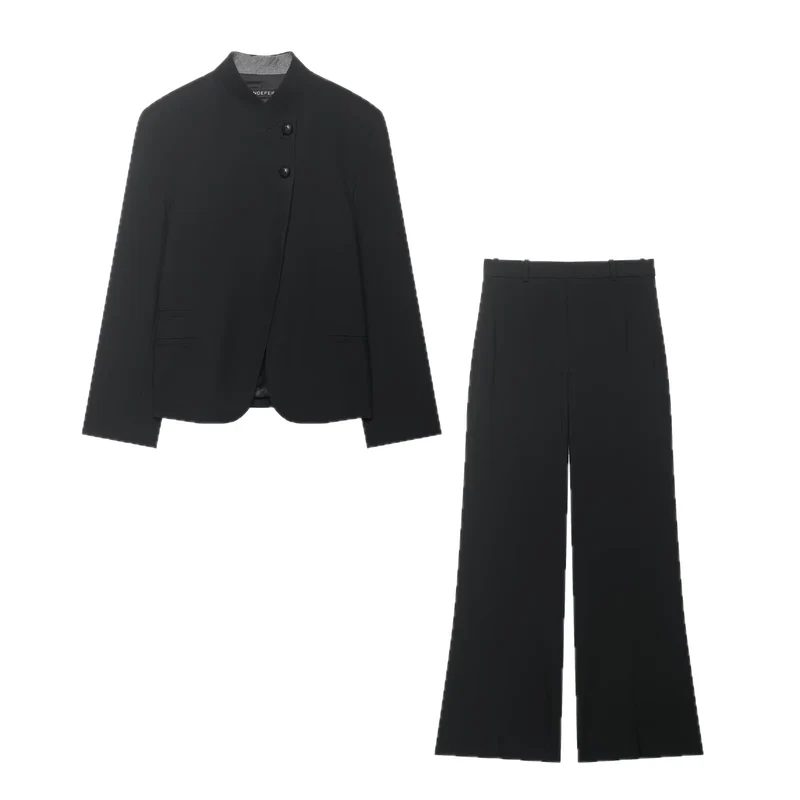 Damen Zweiteiliges Anzugs-Set mit Kurzblazer im Mandarinkragen und Highwaist-Weitbein-Hose Nord Taschen