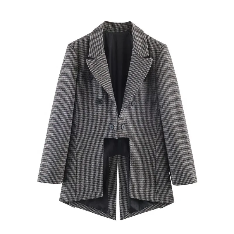 Damen Zweireihiger Hahnentritt-Longblazer mit Schwalbenschwanz-Saum Nord Taschen
