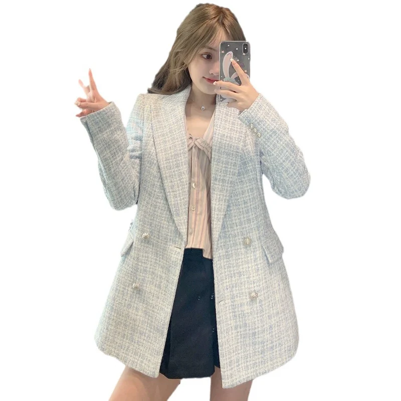 Damen Zweireihiger Bouclé-Blazer mit taillierter Silhouette und Pattentaschen Nord Taschen