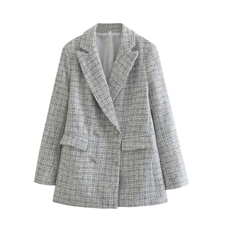 Damen Zweireihiger Bouclé-Blazer mit taillierter Silhouette und Pattentaschen Nord Taschen