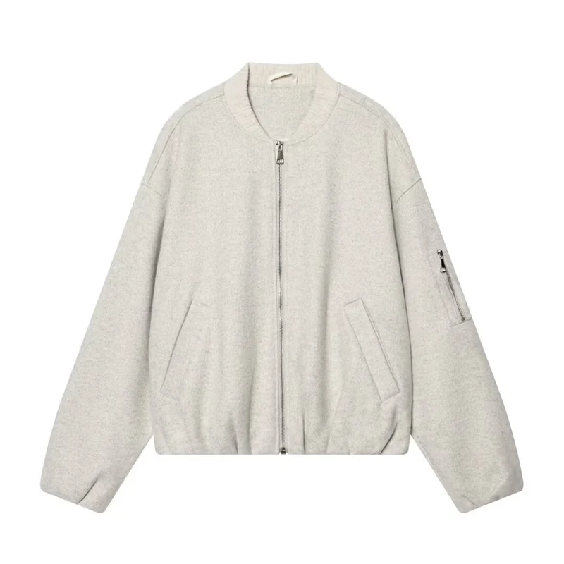 Damen Wollmix‑Bomberjacke im Oversized‑Boxy‑Schnitt mit Reißverschluss und Ärmeltasche Nord Taschen