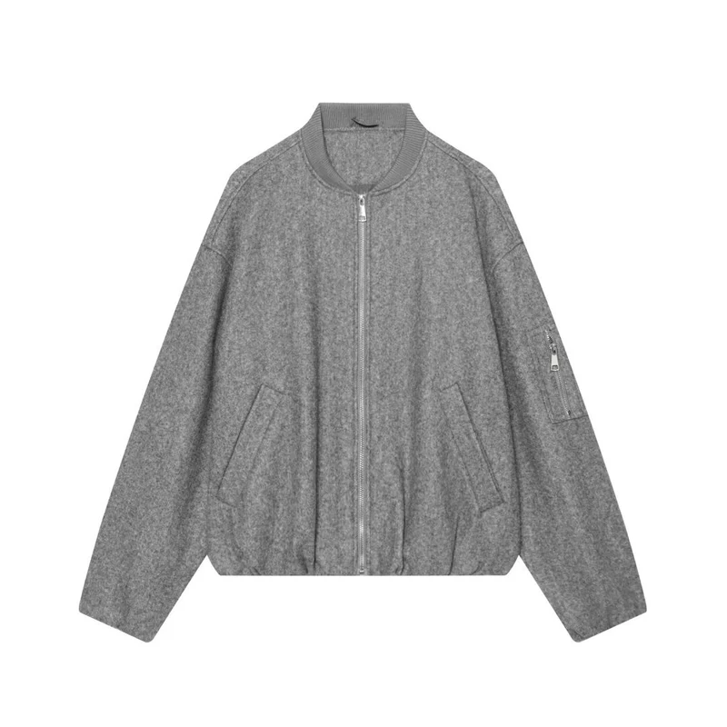 Damen Wollmix‑Bomberjacke im Oversized‑Boxy‑Schnitt mit Reißverschluss und Ärmeltasche Nord Taschen