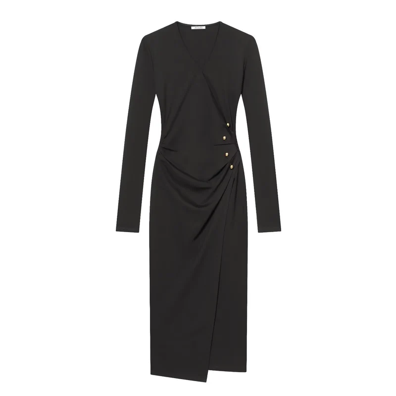 Damen Wickelkleid mit Drapierung, seitlicher Zierknopfleiste und V-Ausschnitt Nord Taschen