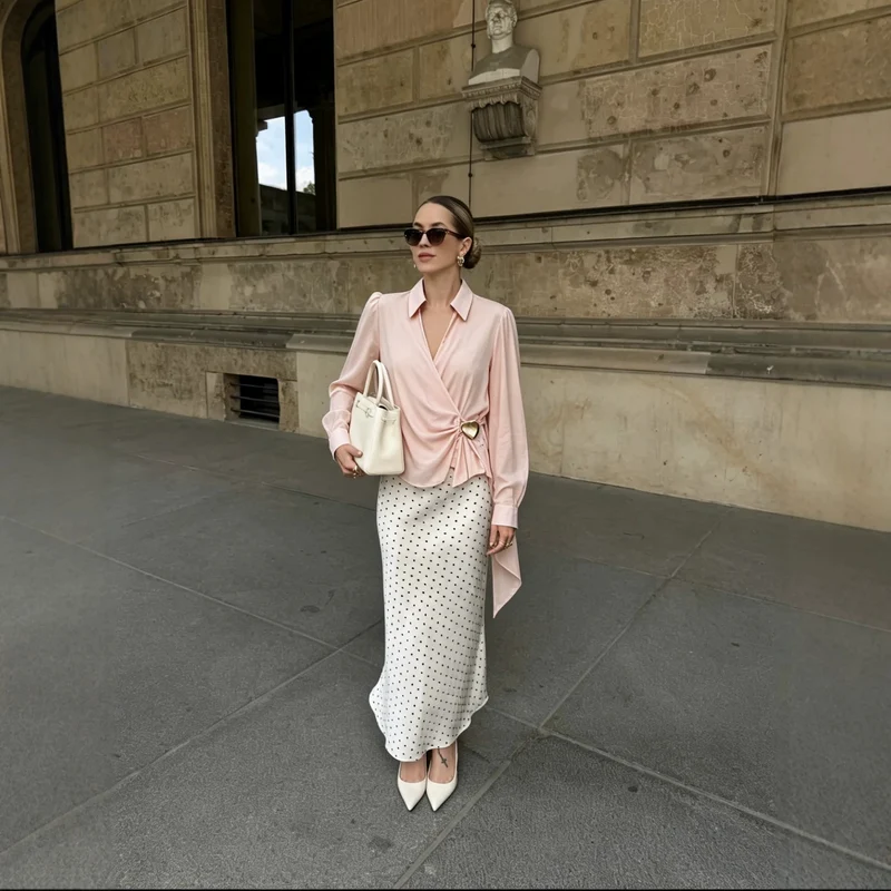 Damen Wickelbluse aus seidigem Crêpe mit Drapierung, tiefem V‑Ausschnitt und goldem Zierknopf Nord Taschen