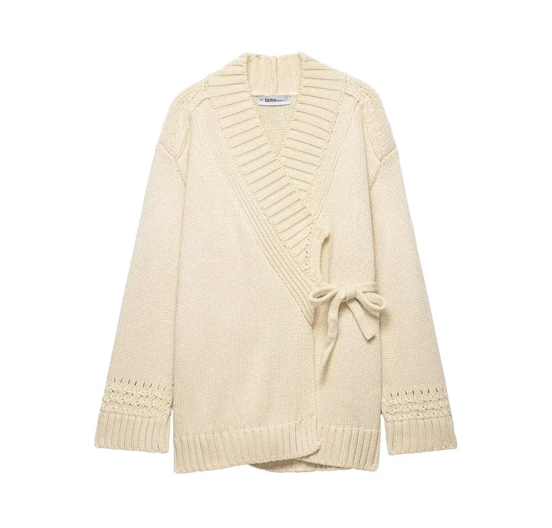 Damen Wickel-Strickcardigan mit Schalkragen und Bindegürtel Nord Taschen
