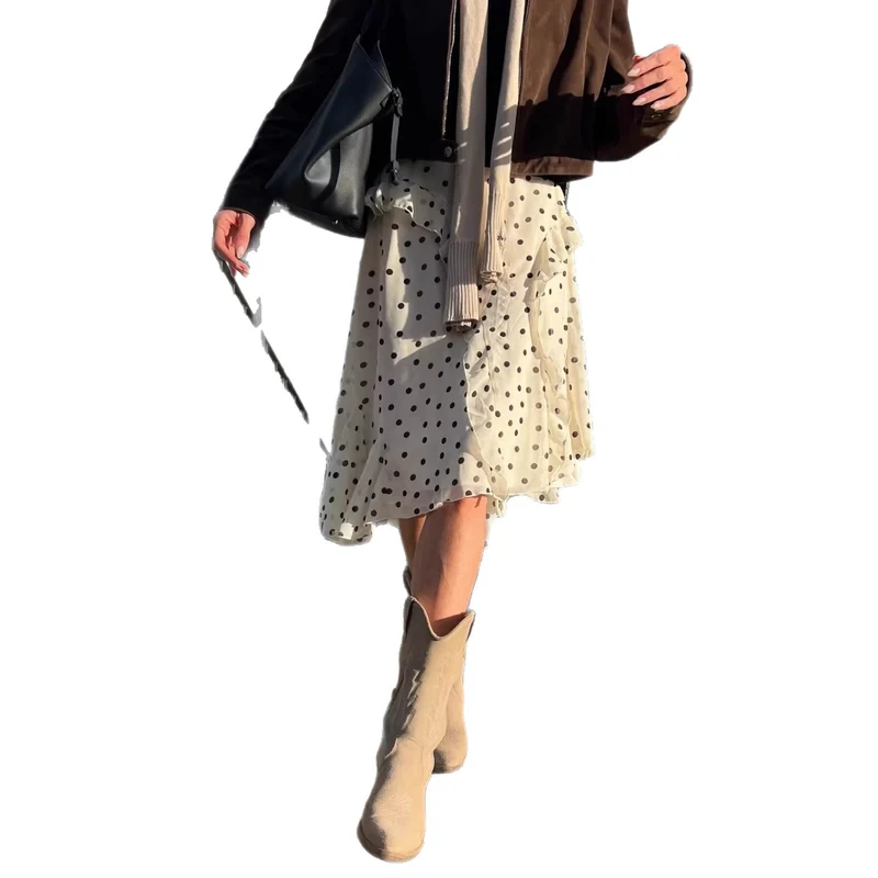 Damen Wickel-Midirock aus Chiffon mit Volants und Pünktchen-Design Nord Taschen