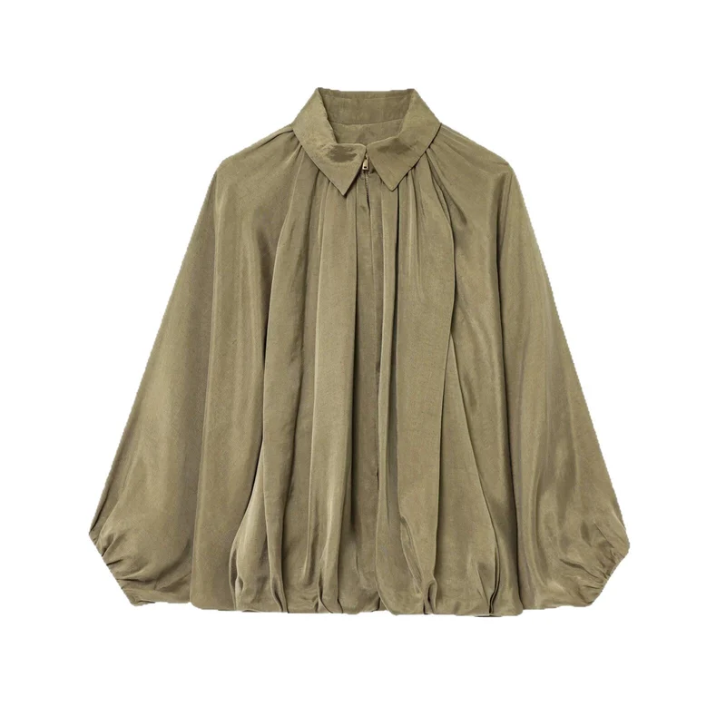 Damen Weite plissierte Cape-Übergangsjacke mit Reißverschluss und ballonförmigem Saum Nord Taschen