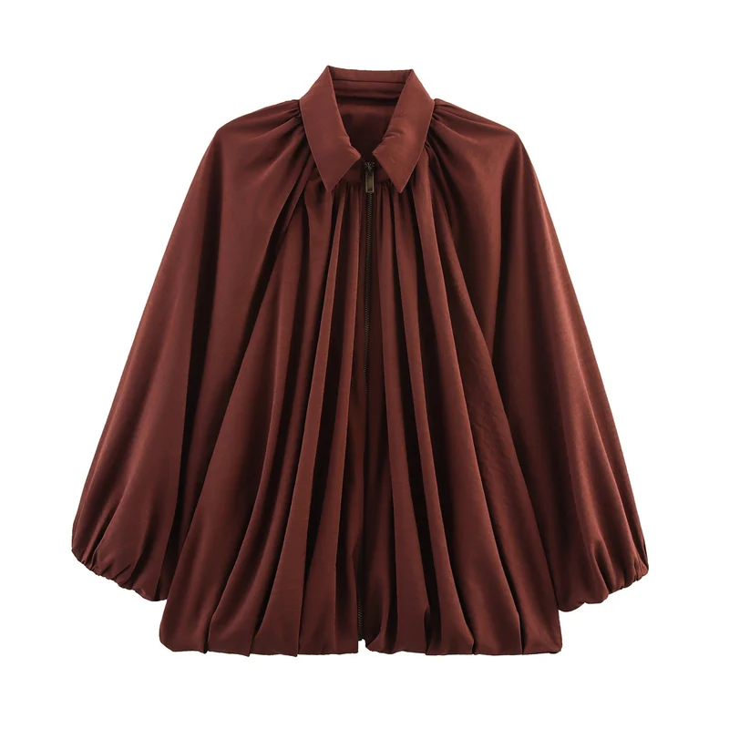 Damen Weite plissierte Cape-Übergangsjacke mit Reißverschluss und ballonförmigem Saum Nord Taschen