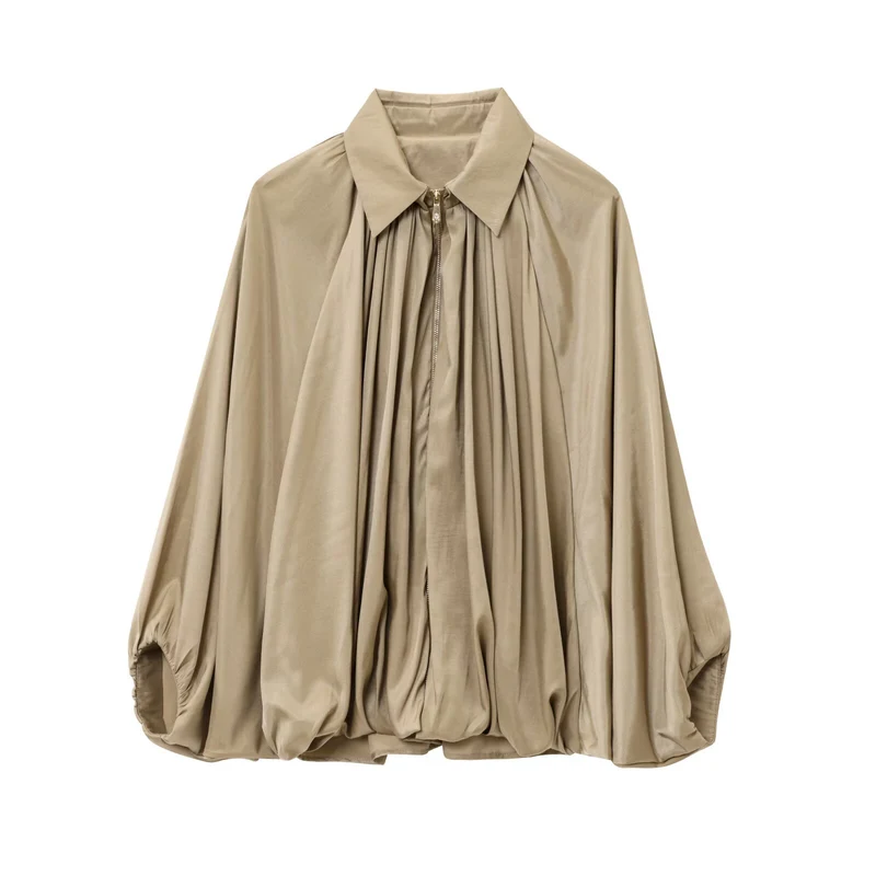 Damen Weite plissierte Cape-Übergangsjacke mit Reißverschluss und ballonförmigem Saum Nord Taschen