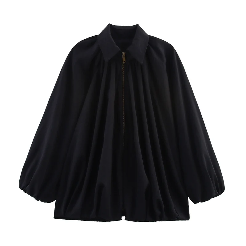 Damen Weite plissierte Cape-Übergangsjacke mit Reißverschluss und ballonförmigem Saum Nord Taschen
