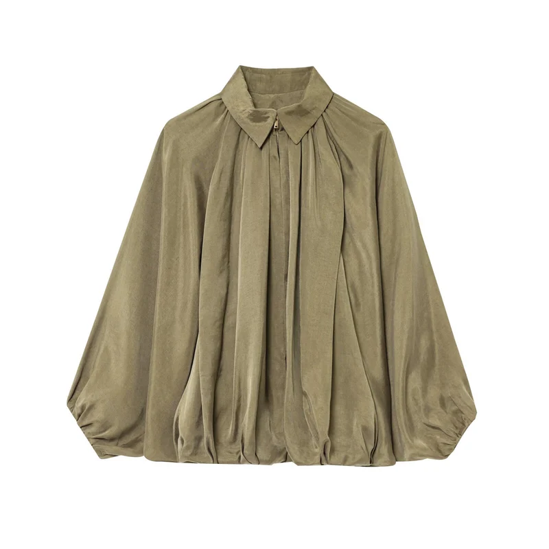 Damen Weite plissierte Cape-Übergangsjacke mit Reißverschluss und ballonförmigem Saum Nord Taschen