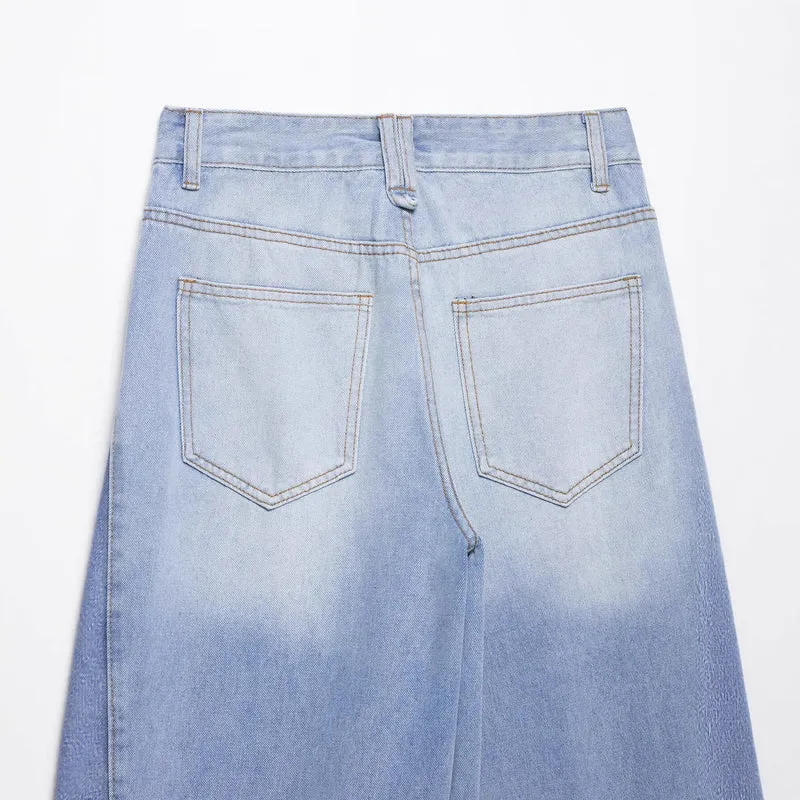 Damen weite Patchwork-Jeans mit hohem Bund, Kontrastseiten und rohem Saum Nord Taschen