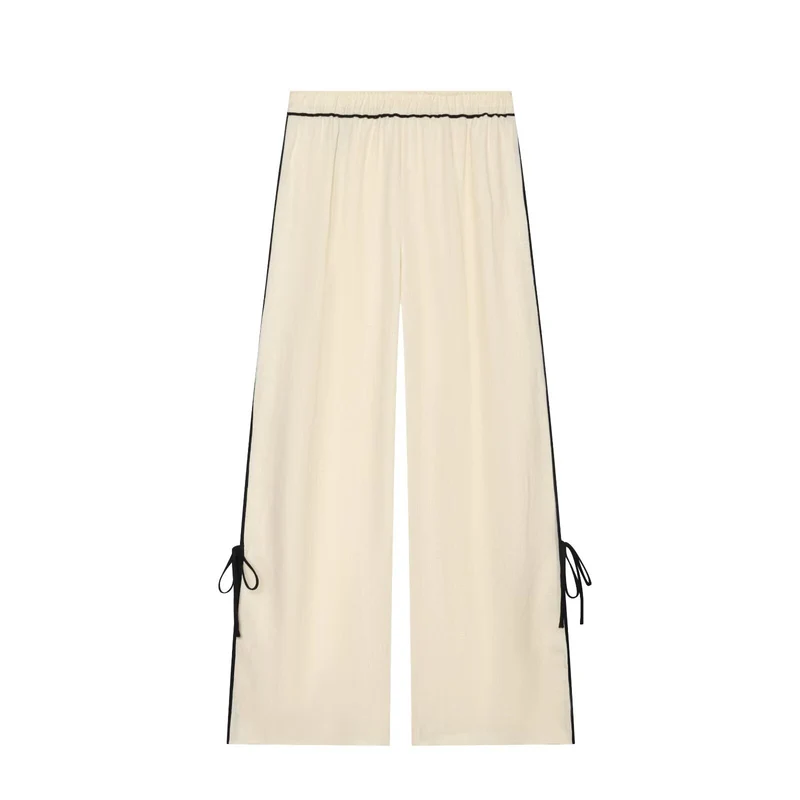 Damen Weite Leinenoptik-Hose mit hohem Elastikbund, Kontrastpaspel und Bein‑Schnürdetail Nord Taschen