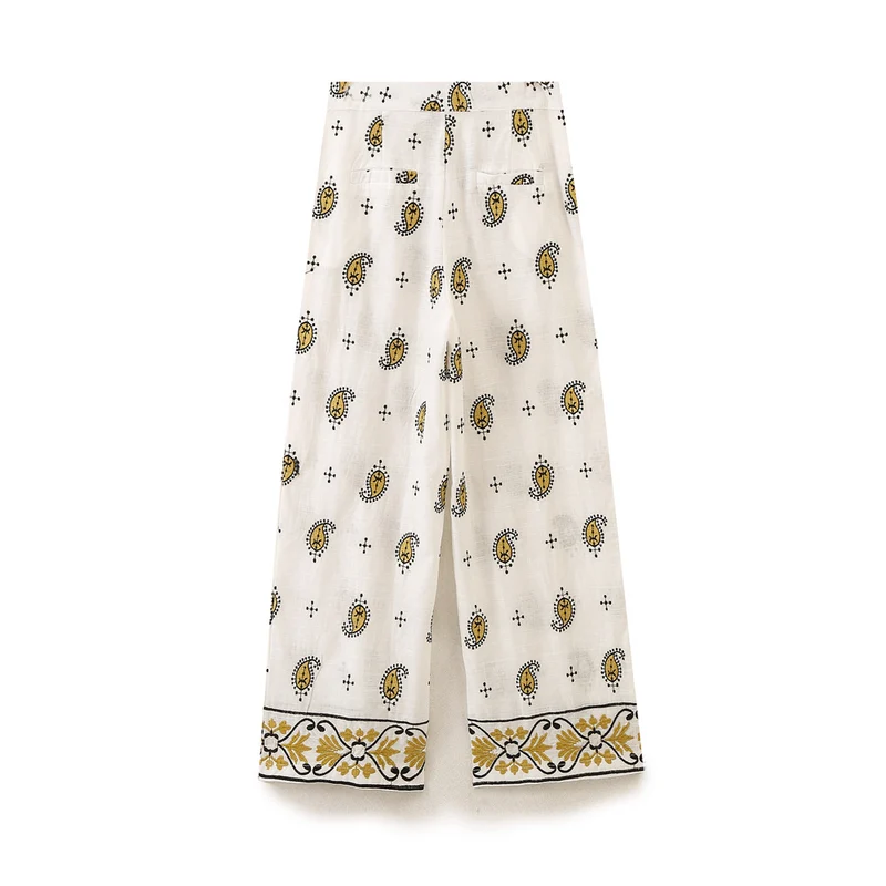Damen Weite Leinenhose mit Paisley‑Print und besticktem Saum Nord Taschen
