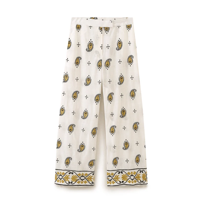 Damen Weite Leinenhose mit Paisley‑Print und besticktem Saum Nord Taschen