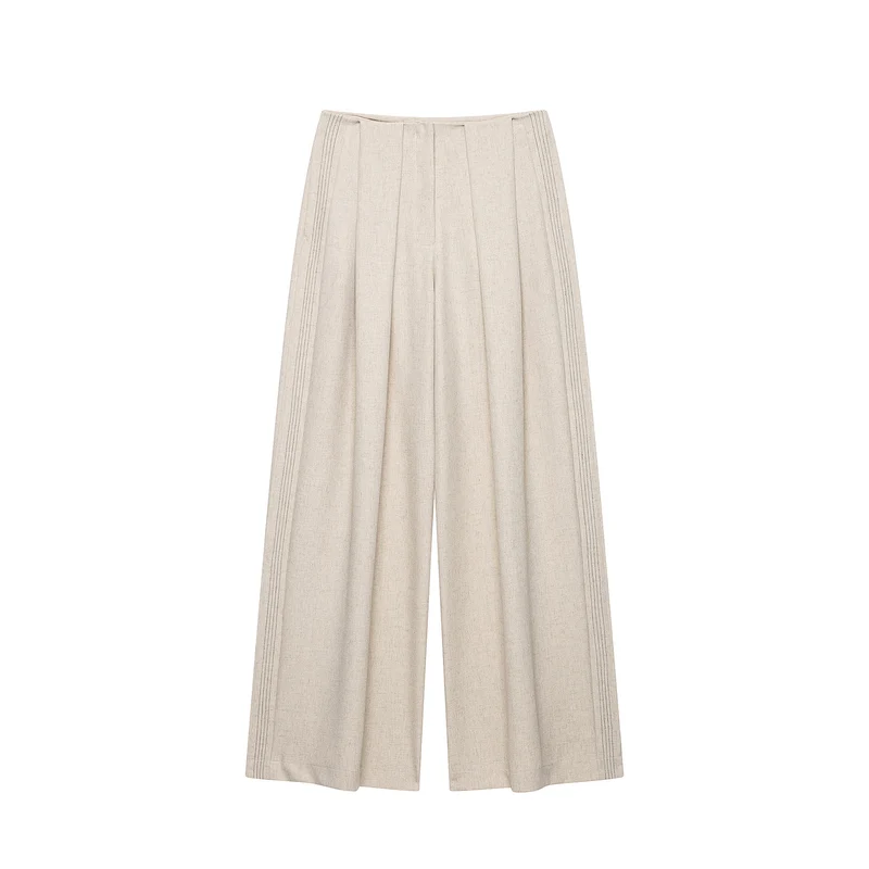 Damen Weite Leinenhose mit Kellerfalten und Ziersteppungen Nord Taschen