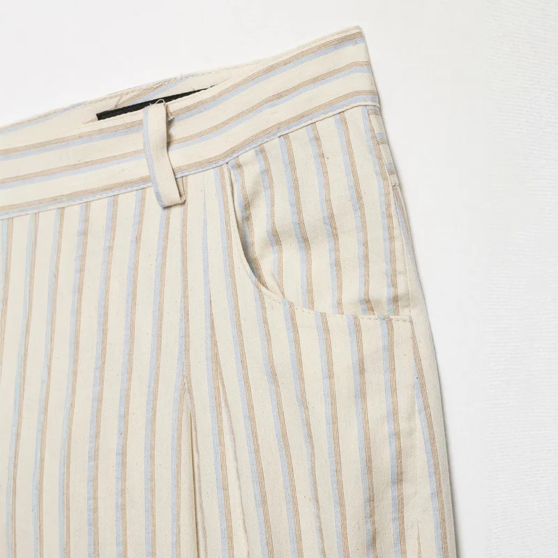 Damen Weite Leinenhose mit hoher Taille, Streifenmuster und aufgesetzten Taschen Nord Taschen