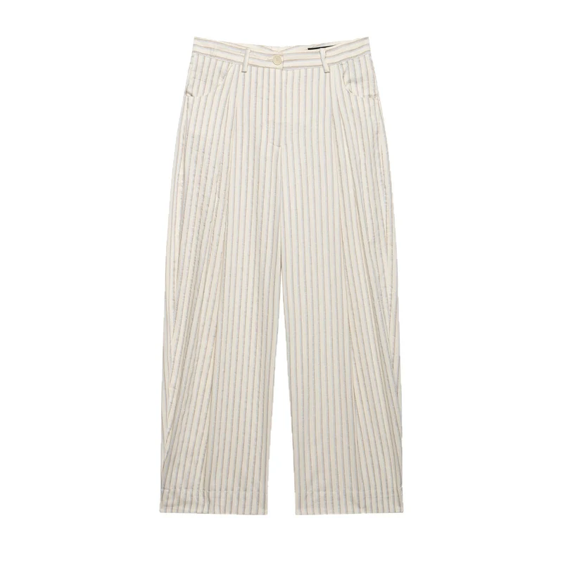 Damen Weite Leinenhose mit hoher Taille, Streifenmuster und aufgesetzten Taschen Nord Taschen