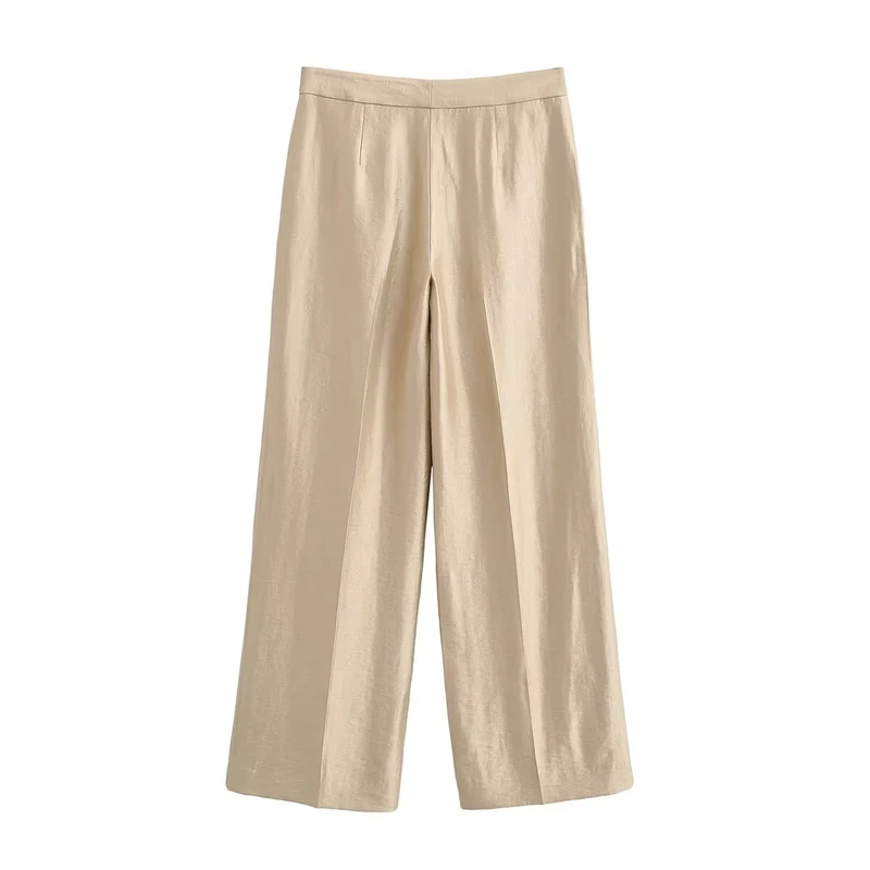 Damen Weite Highwaist-Hose mit Bügelfalte und fließender Satinoptik Nord Taschen