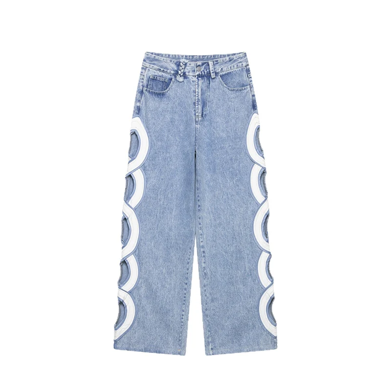 Damen Weite High Waist Jeans mit seitlichen Rundcutouts und Zierborte Nord Taschen