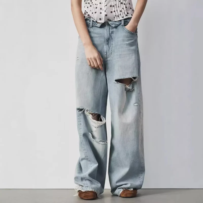 Damen Weite High‑Waist Jeans mit markanter Riss‑ und Used‑Optik Nord Taschen