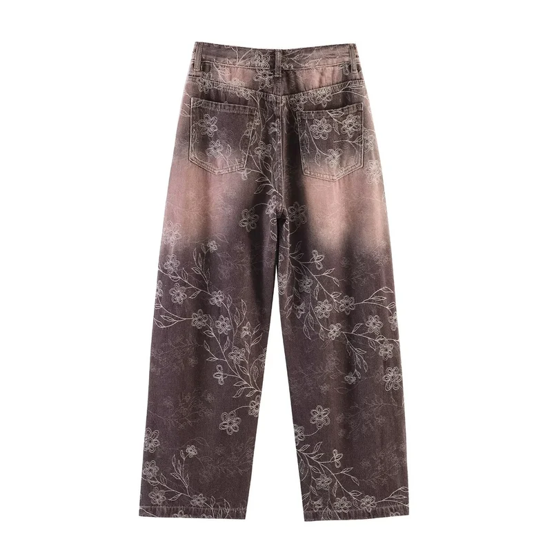 Damen Weite High‑Waist‑Jeans mit floralem Allover‑Print und Used‑Farbverlauf Nord Taschen