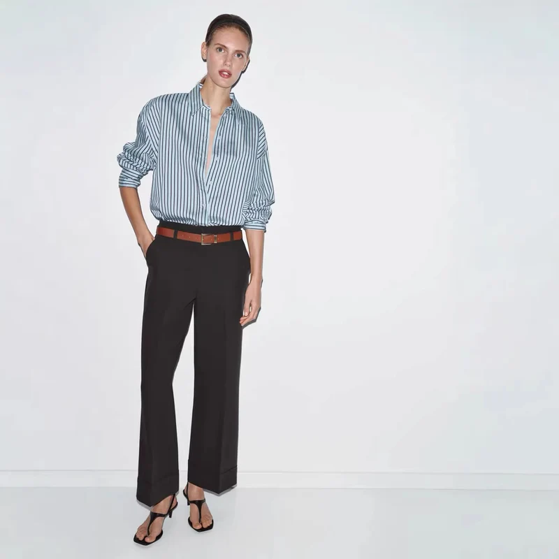 Damen Weite High‑Waist‑Hose mit Umschlagsaum, Bügelfalte und Taillengürtel Nord Taschen