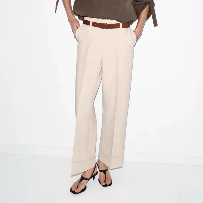 Damen Weite High‑Waist‑Hose mit Umschlagsaum, Bügelfalte und Taillengürtel Nord Taschen