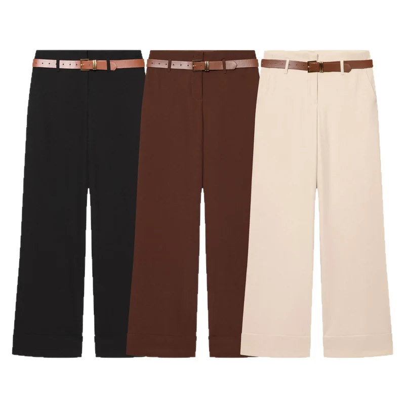 Damen Weite High‑Waist‑Hose mit Umschlagsaum, Bügelfalte und Taillengürtel Nord Taschen